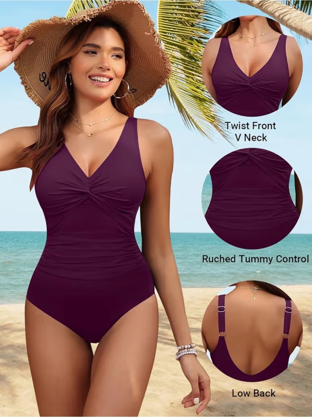 Plunge Twist One-Piece Swimsuit in Deep Plum